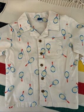 Old Navy White Short-Sleeve Button-Up with Blue & Red Tennis Rackets
